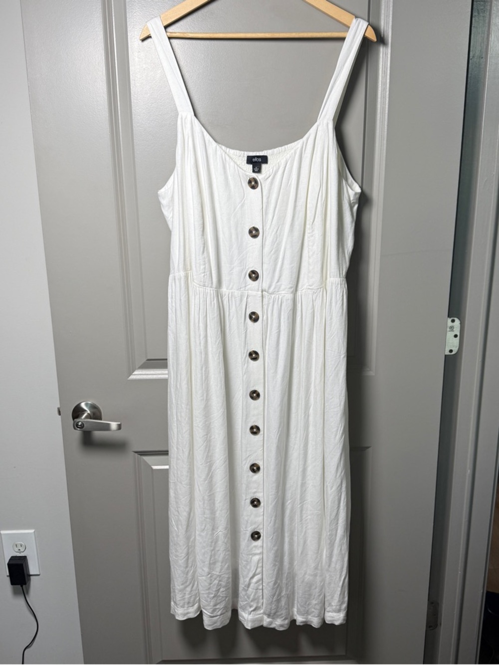 Ellos Button-Front Smocked Back White Midi Dress Resortwear Beach Boho— Size 22